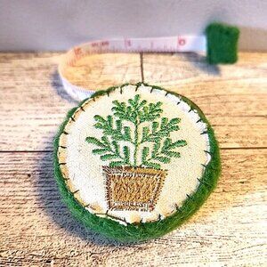 2" Wool Felt Covered Tape Measure Green w/Embroidered Plant 5 feet Long